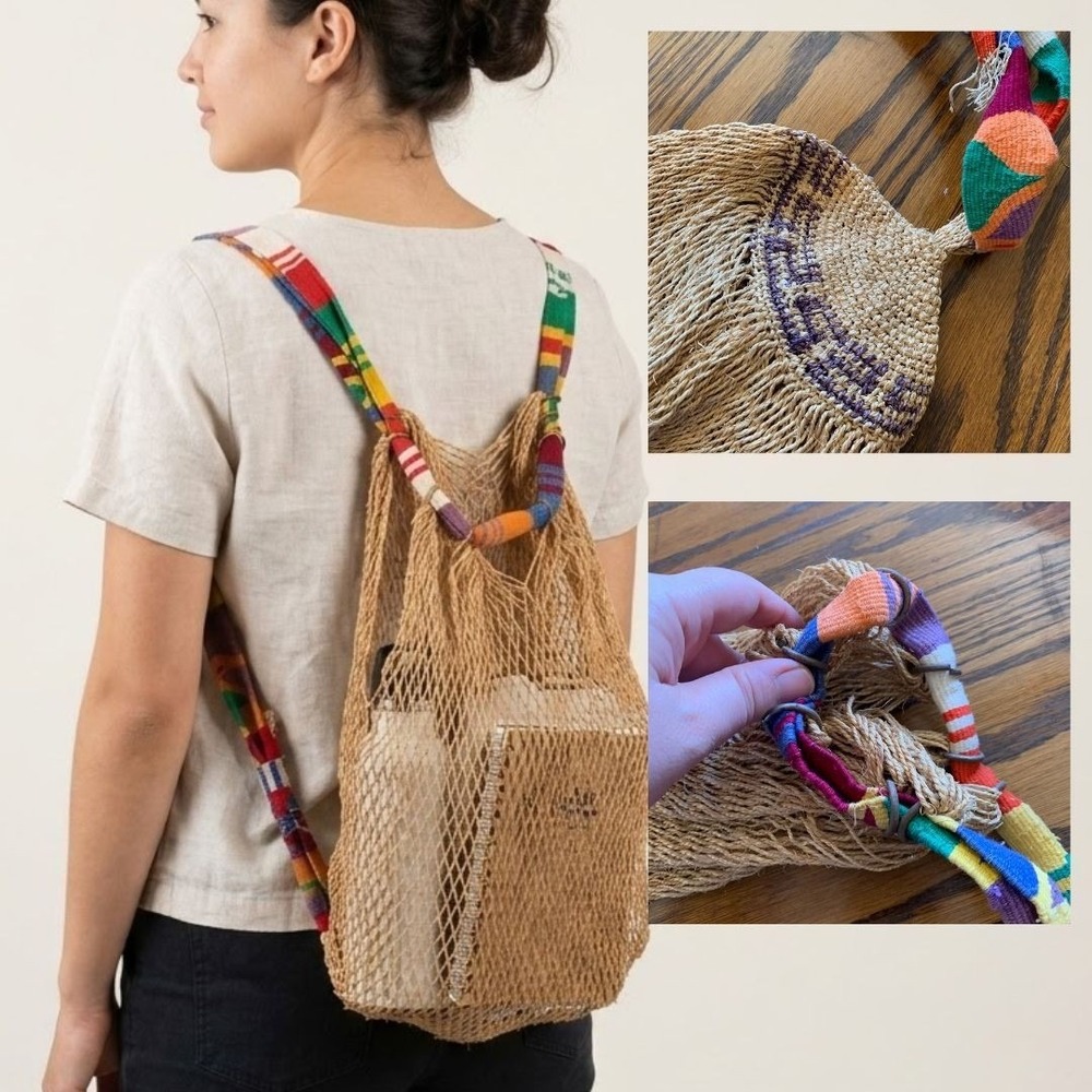 Vintage Hand Woven Sisal Net Backpack Bag Multicolor Woven Straps Boho